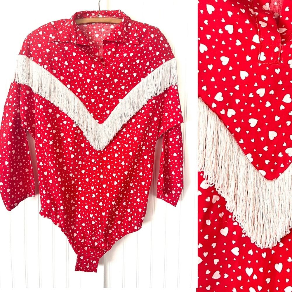 Vintage Western Wear Rodeo Queen Bodysuit Red Heart White Fringe Shirt Cowgirl